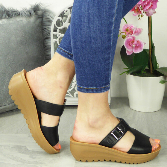 DOMINIQUE Black Mules Sliders Slipper Slip On Sandals