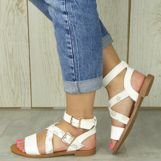 LYLIA White Summer Ankle Strap Sandals 