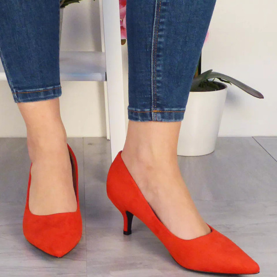 URVI Red Court Pointed Kitten Heel Shoes