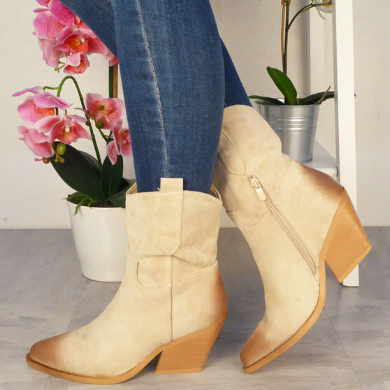 JERNI Beige Mid Calf Western Comfy Boots 