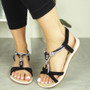 JESLY Black Summer Strappy Flat Sandals 