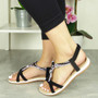 JESLY Black Summer Strappy Flat Sandals 