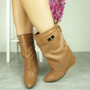 FARNANDAZ Camel Mid Calf Wedge Zip Boots