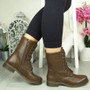 SYONA Brown Mid Calf Ankle Biker Zip Boots