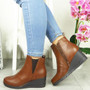 JESOFIA Brown Pu Ankle Wedge Chelsea Zip Boots