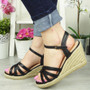 KEMILI Black Wedges Hessian Buckle Sandals