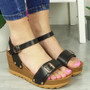 ELODIE Black Wedges Heel Buckle Sandals