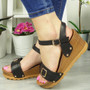 ELODIE Black Wedges Heel Buckle Sandals