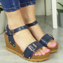 ELODIE Blue Wedges Heel Buckle Sandals