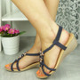 NORRA Navy Wedges Slingback Elastic Sandals 