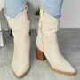 SOVA Beige Cowboy Mid Calf High Heel Western Zip Boots