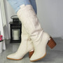 ZOORA Beige Cowboy Western Mid Calf Zip Heel Boots