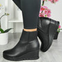 ROSEI Black Pu Ankle Wedge Lined Zip Boots 