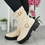 ROWYN Beige Chunky Heel Platform Zip Biker Boots