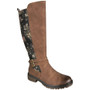 EMERY Camel Floral Mid Calf Faux Fur Comfy Chunky Heel Zip Boots