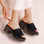 SOFIA Black Ladies Slip On Mid Heel Beach Mules