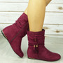 CABEY Wine Ankle Wedge Pixie Zip Tassle Faux Suede Boots 