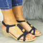  SHERI Navy Wedges Summer Elastic Sandals