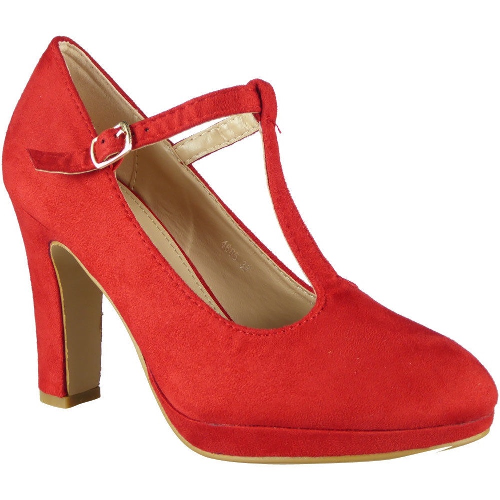 Dawna Red High Heel T-Bar Court Shoes