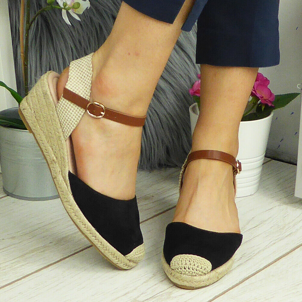 KAYLEE Black Hessian Buckle Closed Toe Summer Sandals