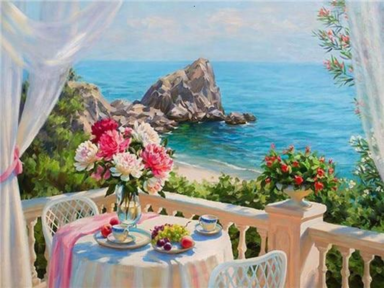5D Diamond Painting Table with Flowers by the Sea Kit