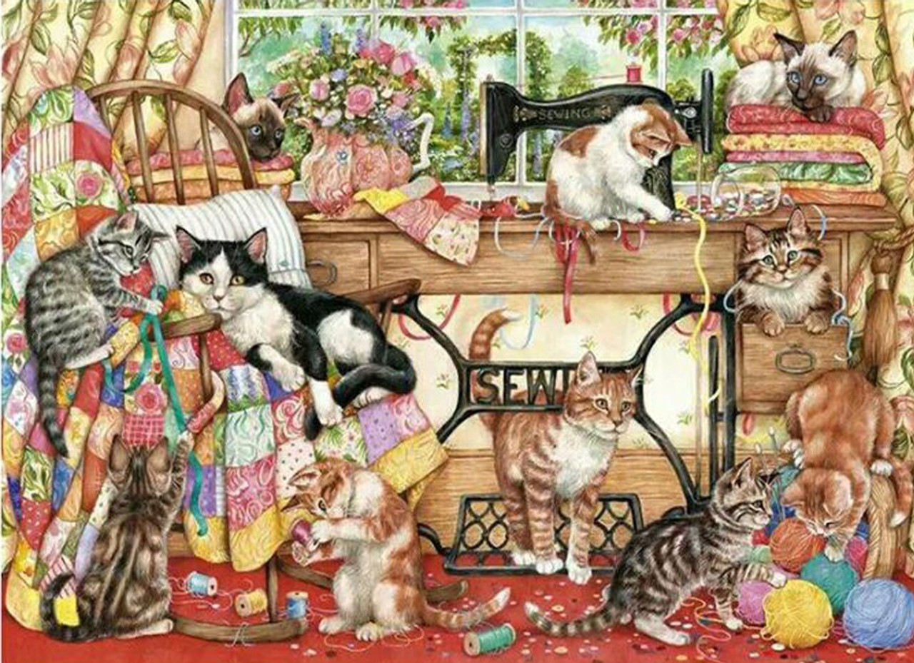 5D Diamond Painting Four Cats in the Sewing Room Kit - Bonanza Marketplace