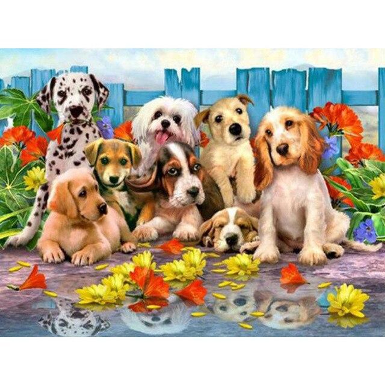 5D Diamond Painting Eight Dogs by the Blue Fence Kit