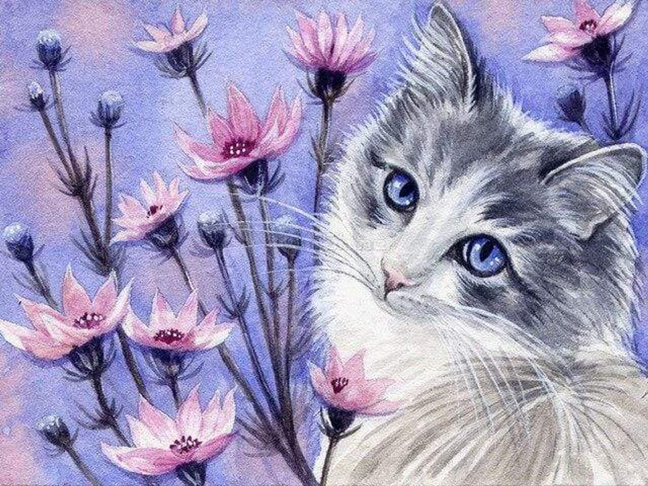 Cat With Yellow Eyes And Flowers Special Diamond Painting