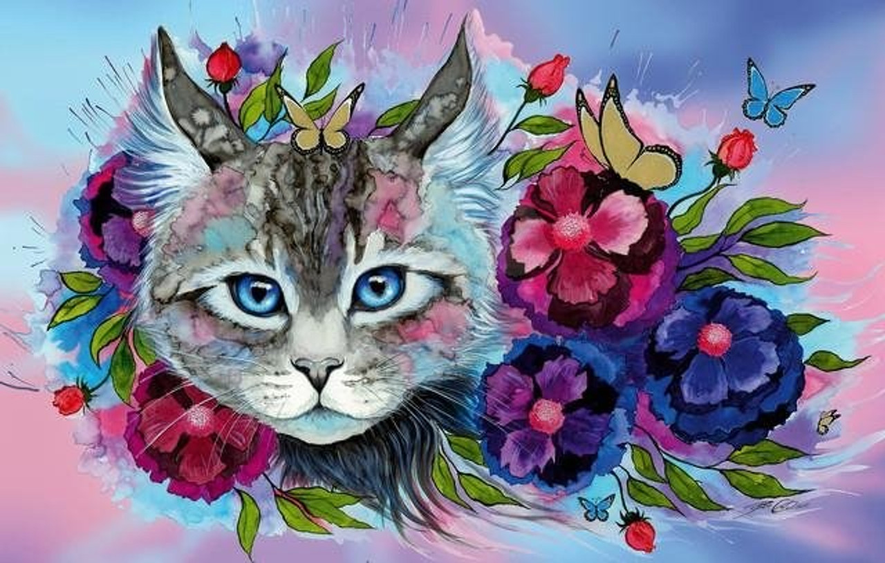 5D Diamond Painting Purple Flower Hat Cat Kit - Bonanza Marketplace