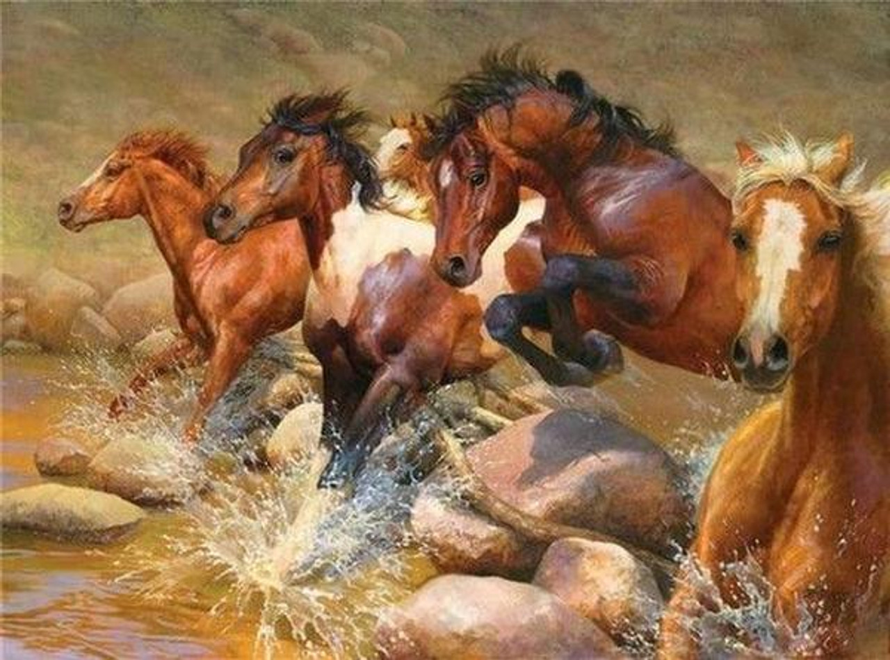 5D Diamond Painting Three Horses Galloping in the River Kit