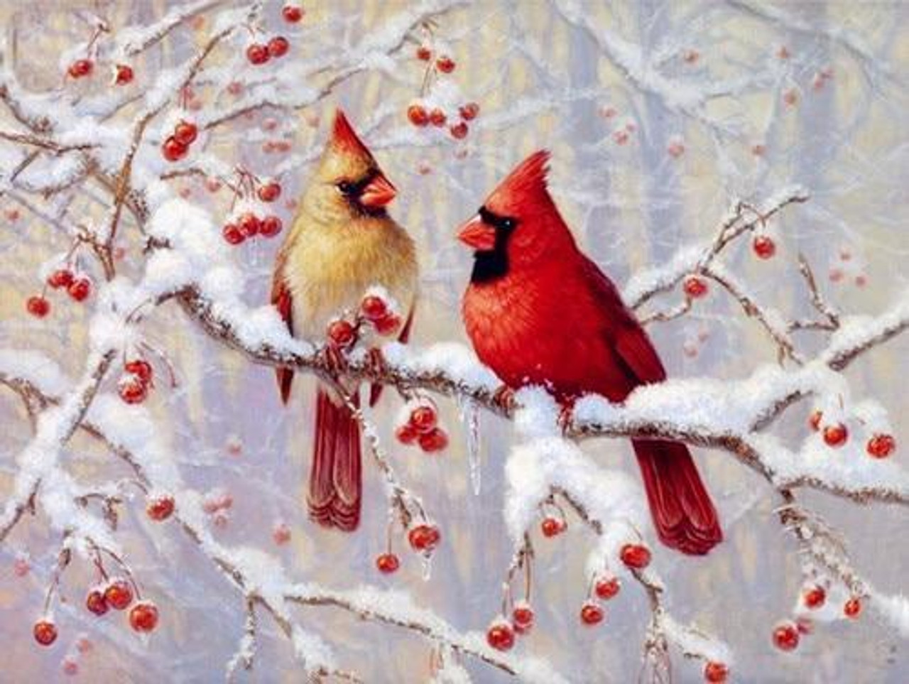 Completed Diamond Art Painting Cardinals in the Snow 