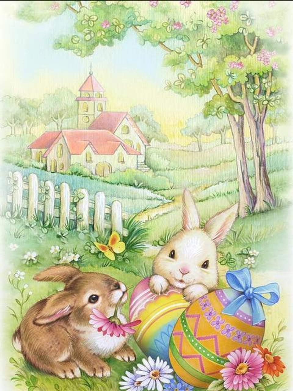 5D Diamond Painting Easter Bunnies by the Church Kit - Bonanza Marketplace