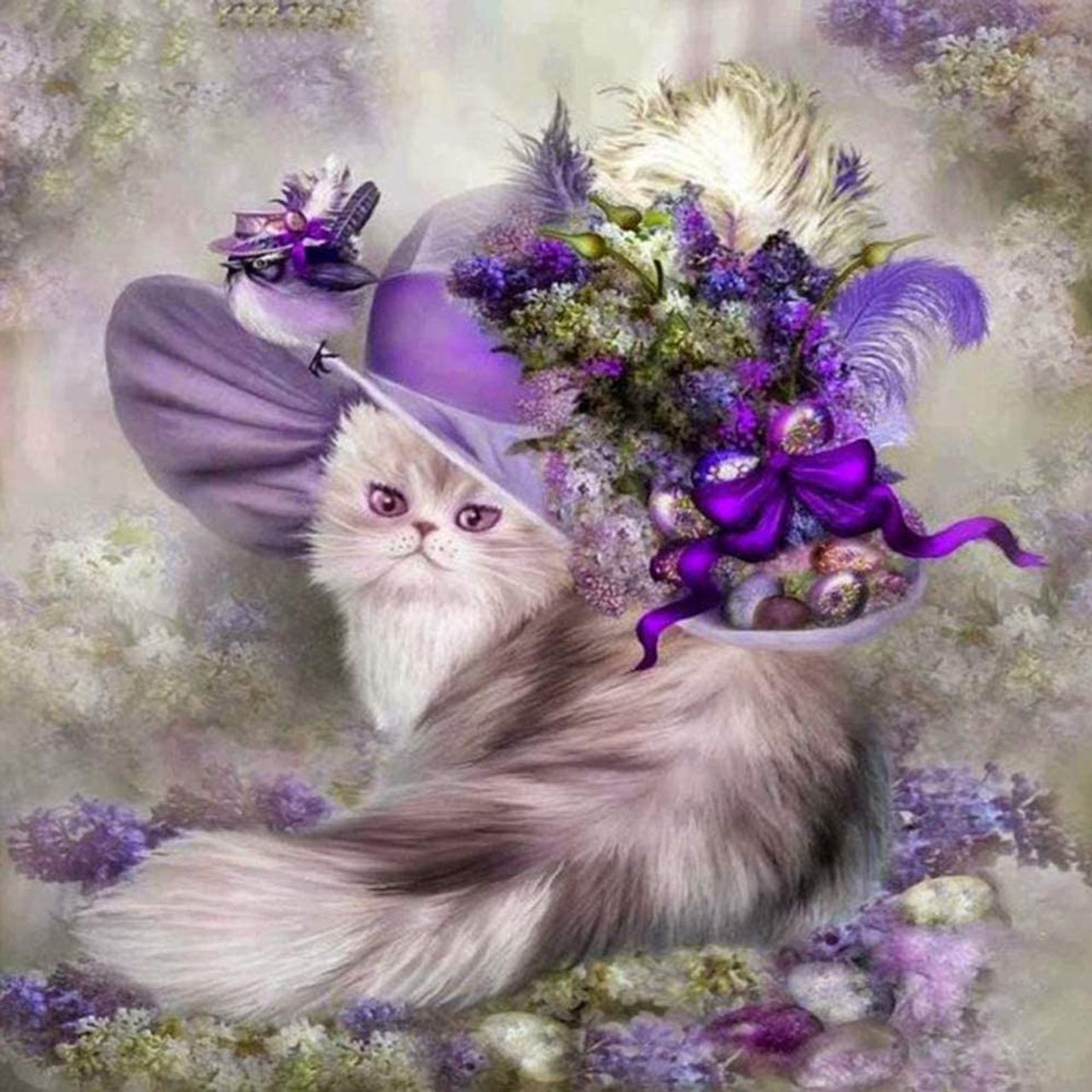 5D Diamond Painting Purple Flower Hat Cat Kit - Bonanza Marketplace