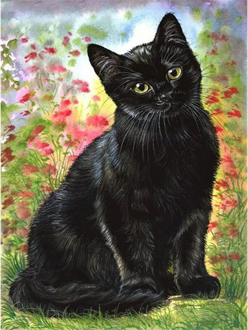 5D Diamond Painting Black Cat in the Wild Flowers Kit - Bonanza Marketplace