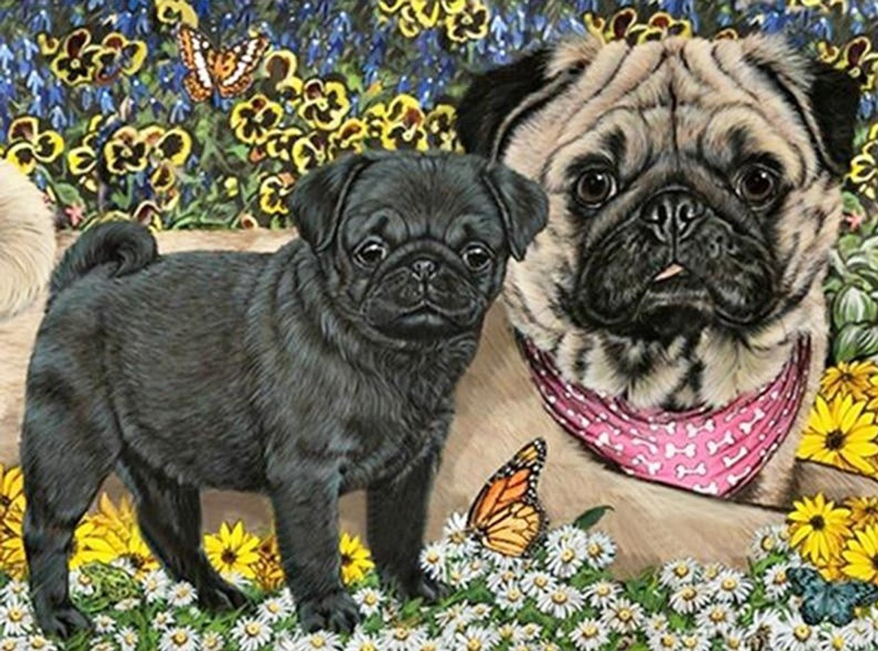 DVWIVGY 5D Dog Diamond Painting Kits for Adults Kids Black Pug Dog in  Flowers Full Round Drill Paint by Numbers Arts Pictures for Home Wall Decor