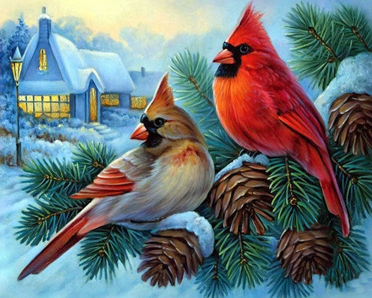 5D Diamond Painting Cardinals on Pine Cones Kit - Bonanza Marketplace