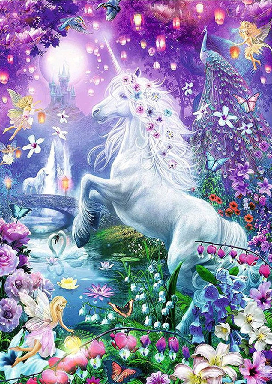 5D Diamond Painting Unicorn, Fairies and Flowers Kit - Bonanza Marketplace