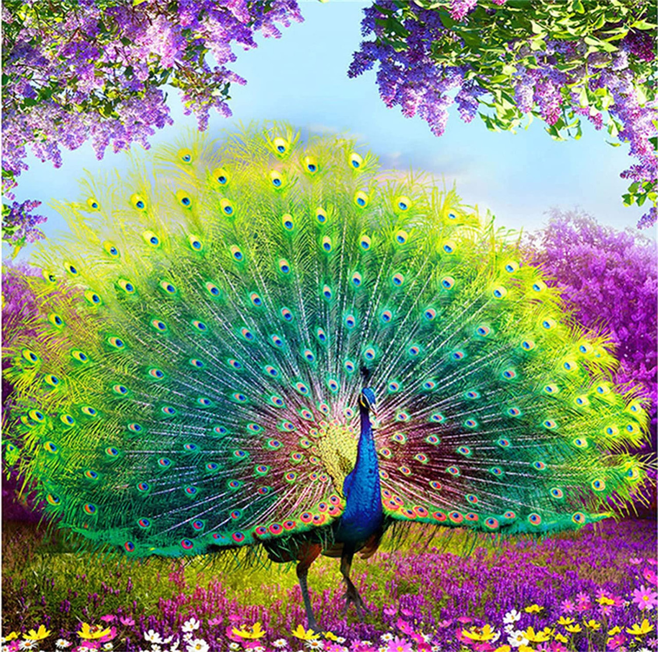 5D Diamond Painting Peacocks in Colorful Flowers Kit - Bonanza Marketplace