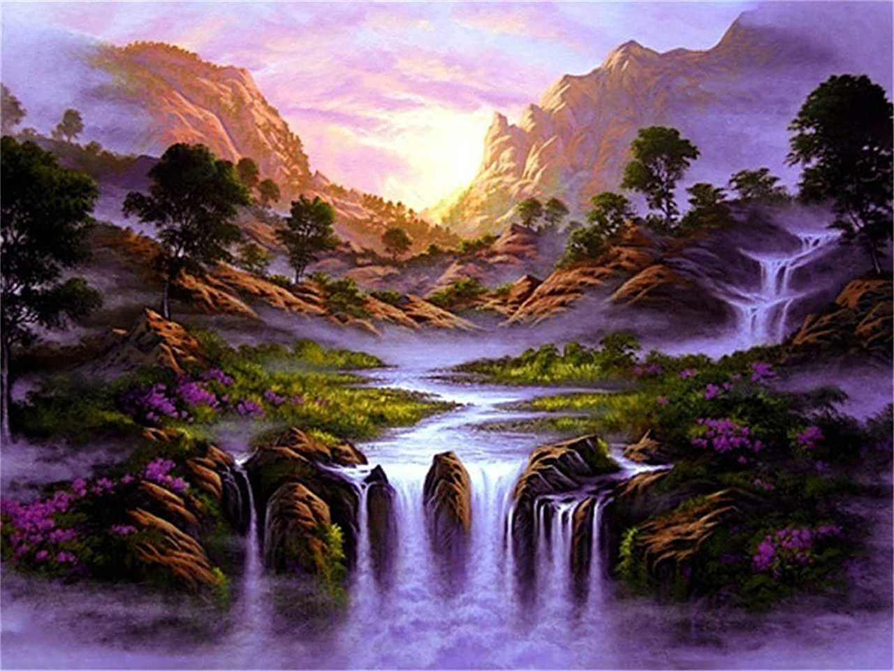 Diamond Painting Finished Completed 3D Wall Art Mountain Range Waterfall