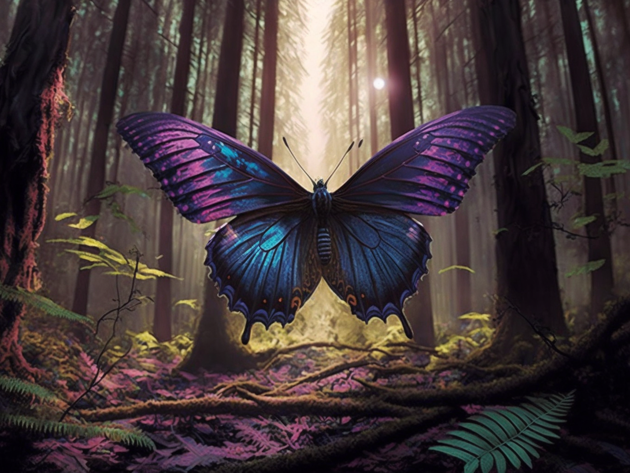 5D Diamond Painting Large Blue and Purple Butterfly in the Forest