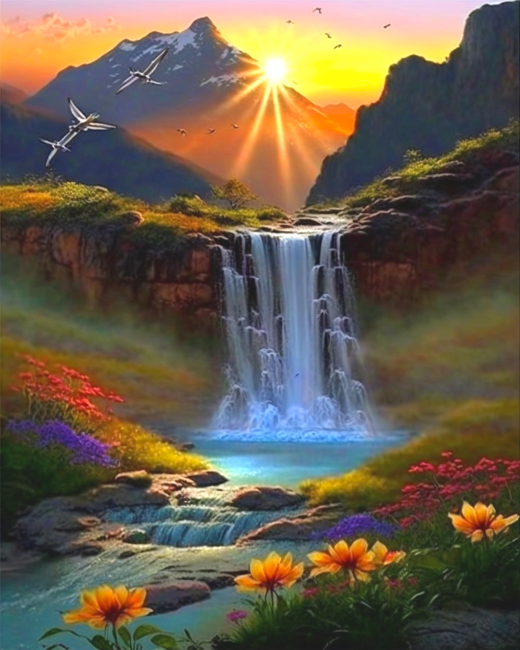 Diamond Painting Finished Completed 3D Wall Art Mountain Range Waterfall