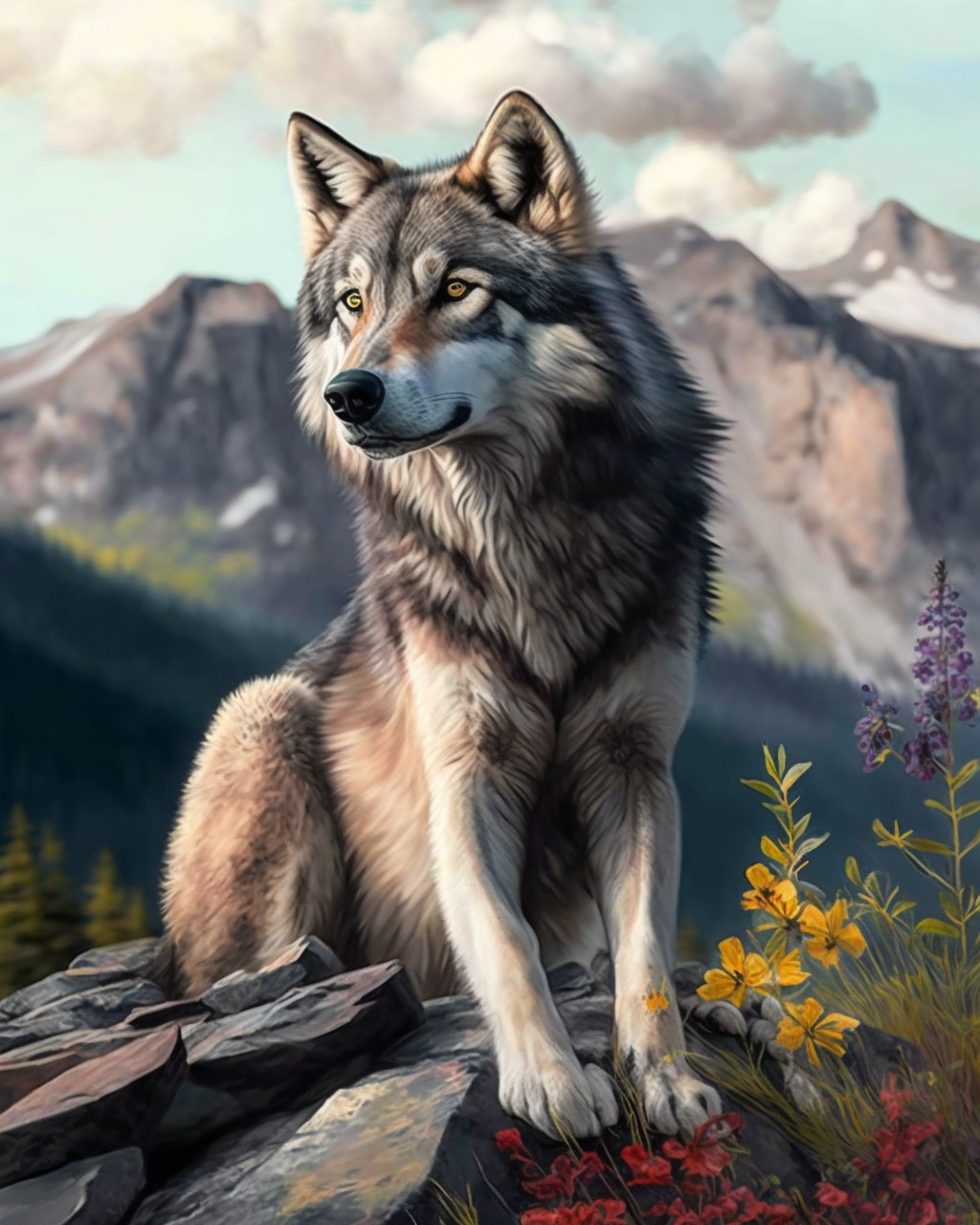 Waterfall And Wolf - 5D Diamond Painting 