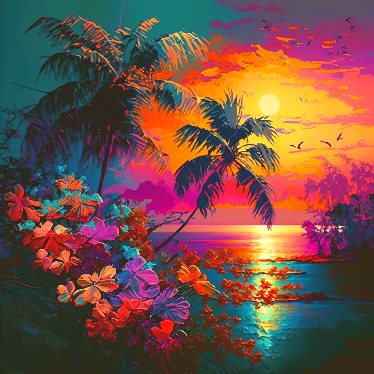 5D Diamond Painting Tropical Flower Sunset Kit