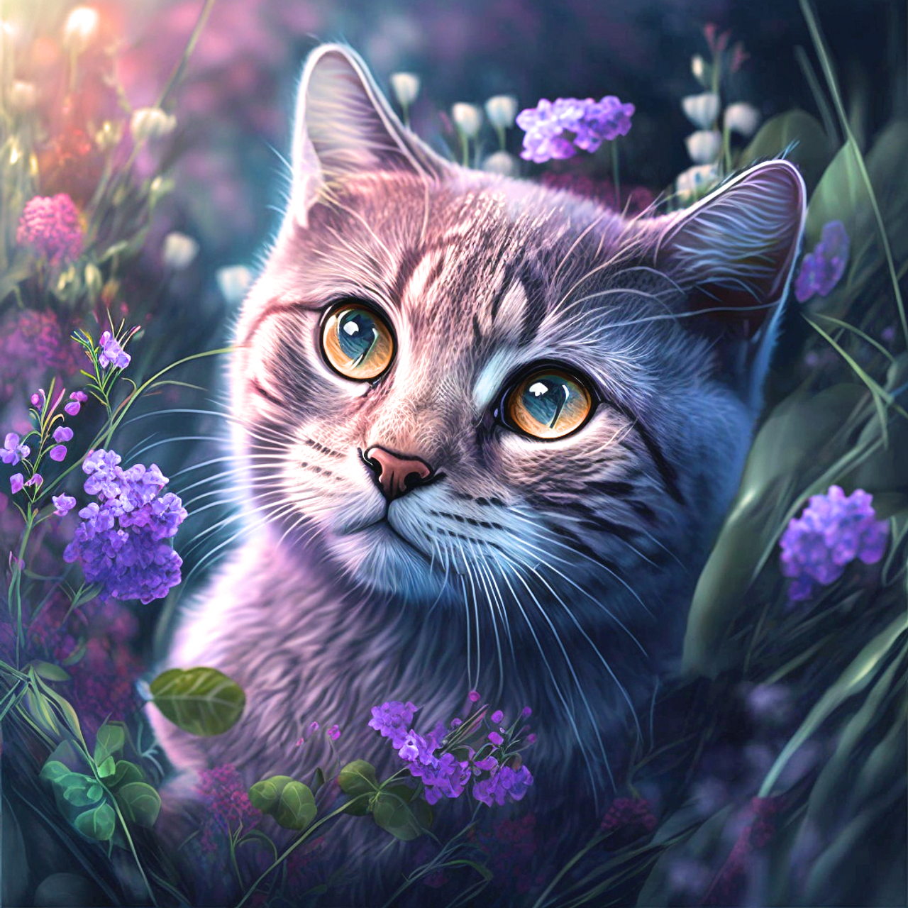 5D Diamond Painting Purple Flower Cat Kit - Bonanza Marketplace