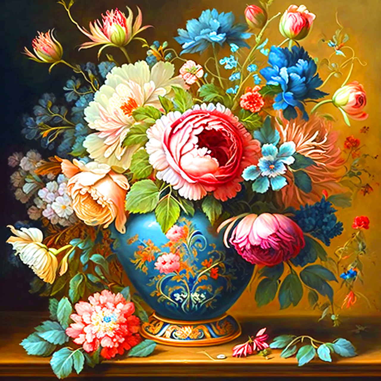 5D Diamond Painting Pink and Blue Flowers in a Blue Vase Kit