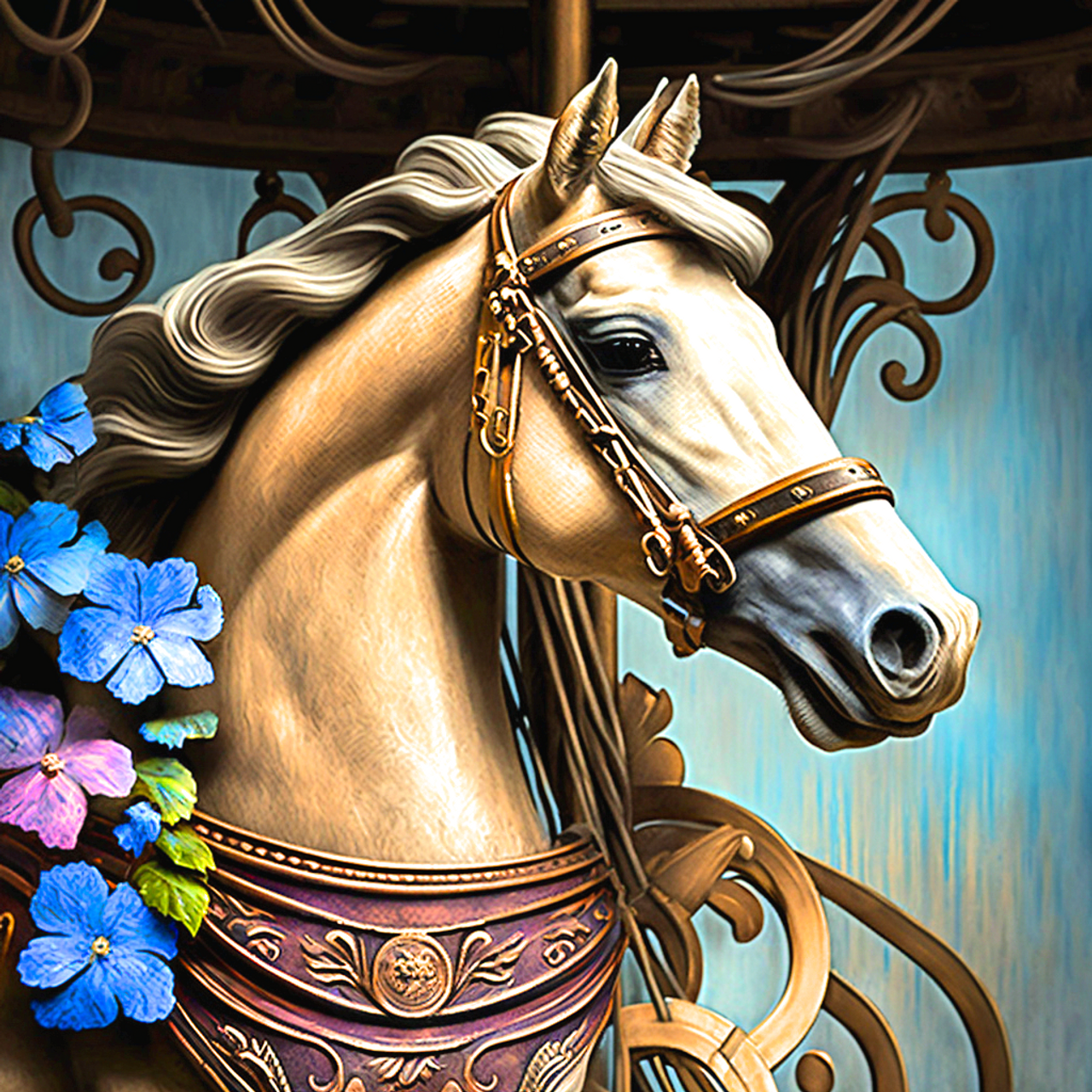 5D Diamond Painting Blue Flower Carousel Horse Kit - Bonanza Marketplace