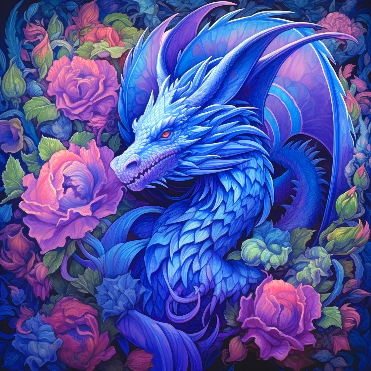 5D Diamond Painting Blue Dragon in Flowers Kit - Bonanza Marketplace