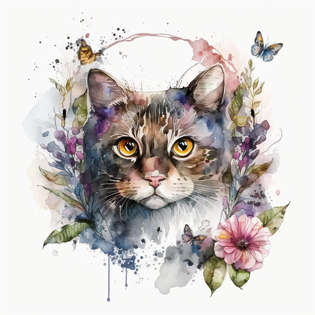 5D Diamond Painting Abstract Cat and Purple Flower Kit