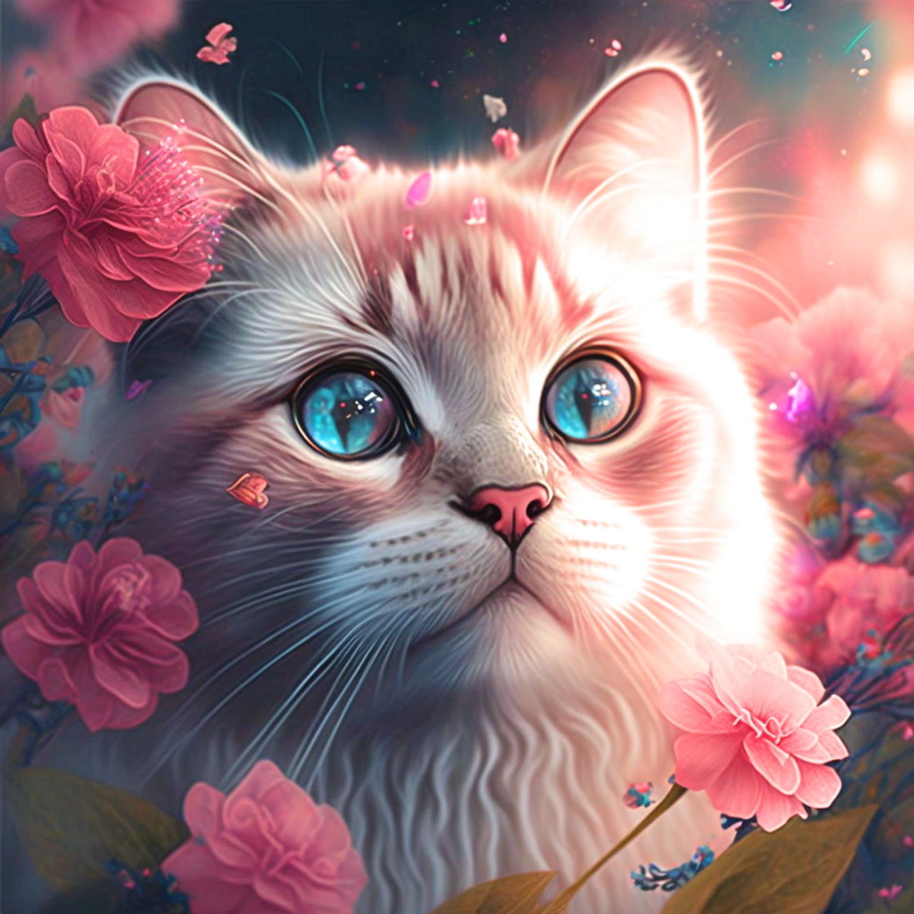 Beautiful White Fairy Kitten on Pink Flower Diamond Painting Art