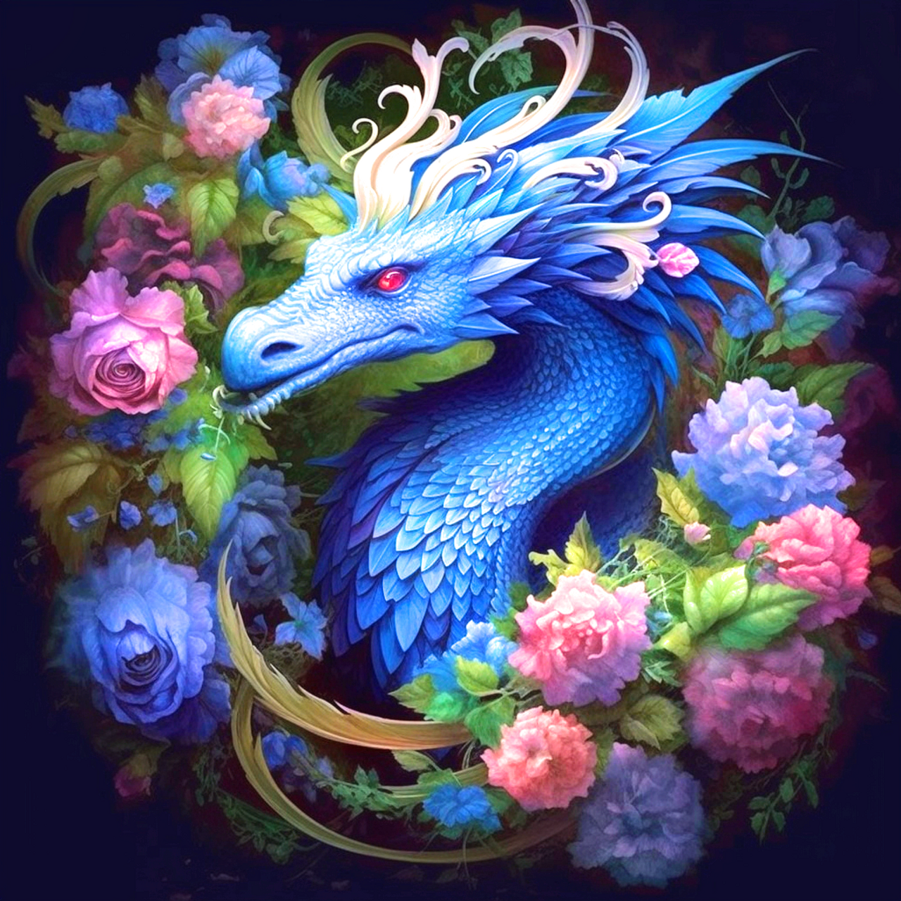 5D Diamond Painting Blue Dragon in Flowers Kit - Bonanza Marketplace